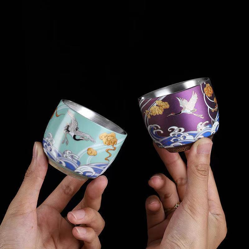Ceramic Tea Cup Sterling Silver Master Cup Crane Print Chinese Kungfu Cup Of Tea