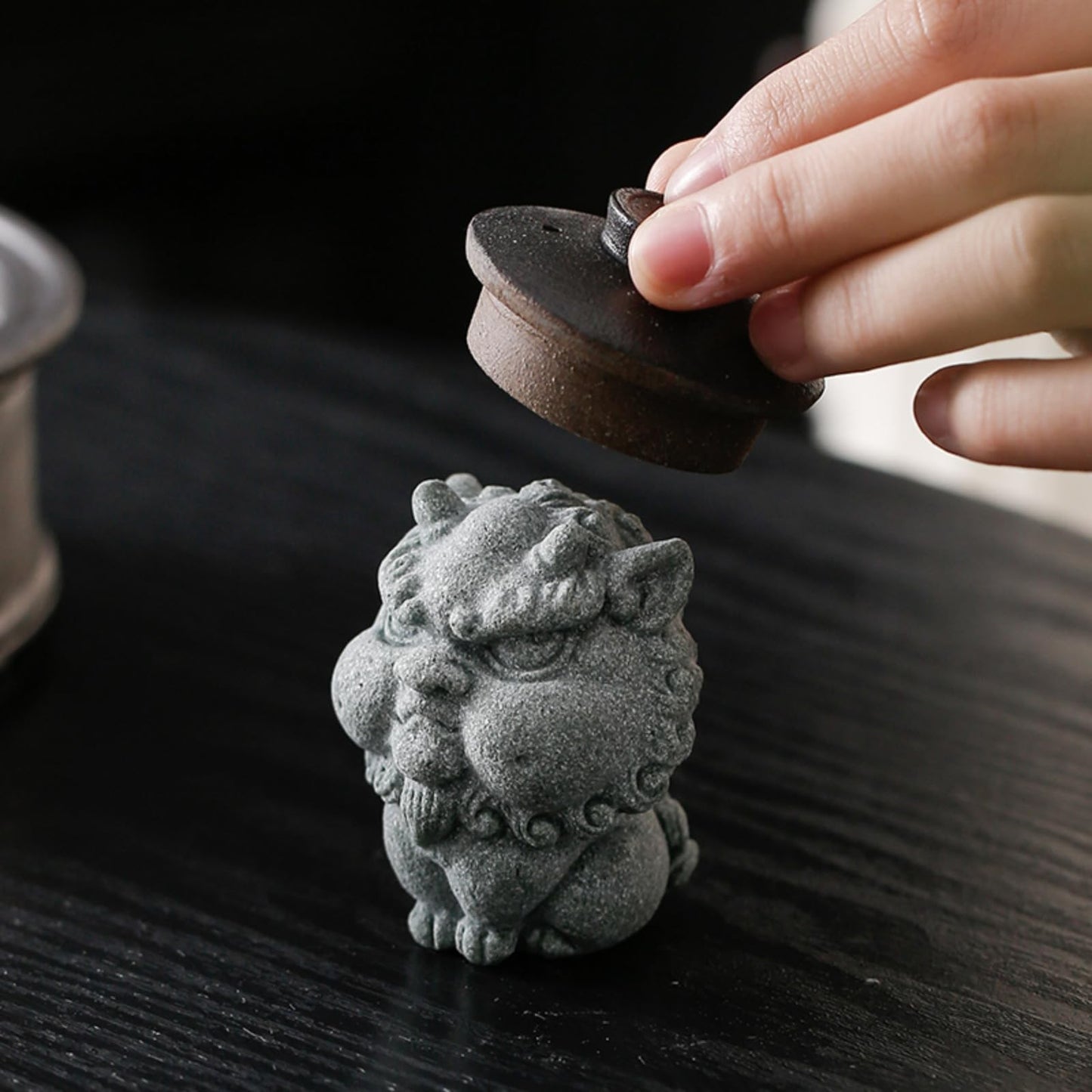 Green Sandstone Little Kylin Tea Pet Ornament 5.8cm 2.3in Kung Fu Tea Tray Decor