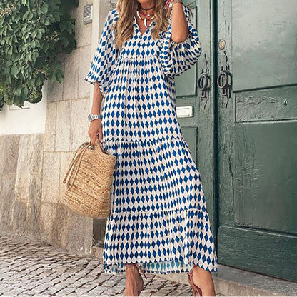 Women 3/4 Sleeve Maxi Dress Baggy Tunic V Neck Dresses Printed Boho Party Beach