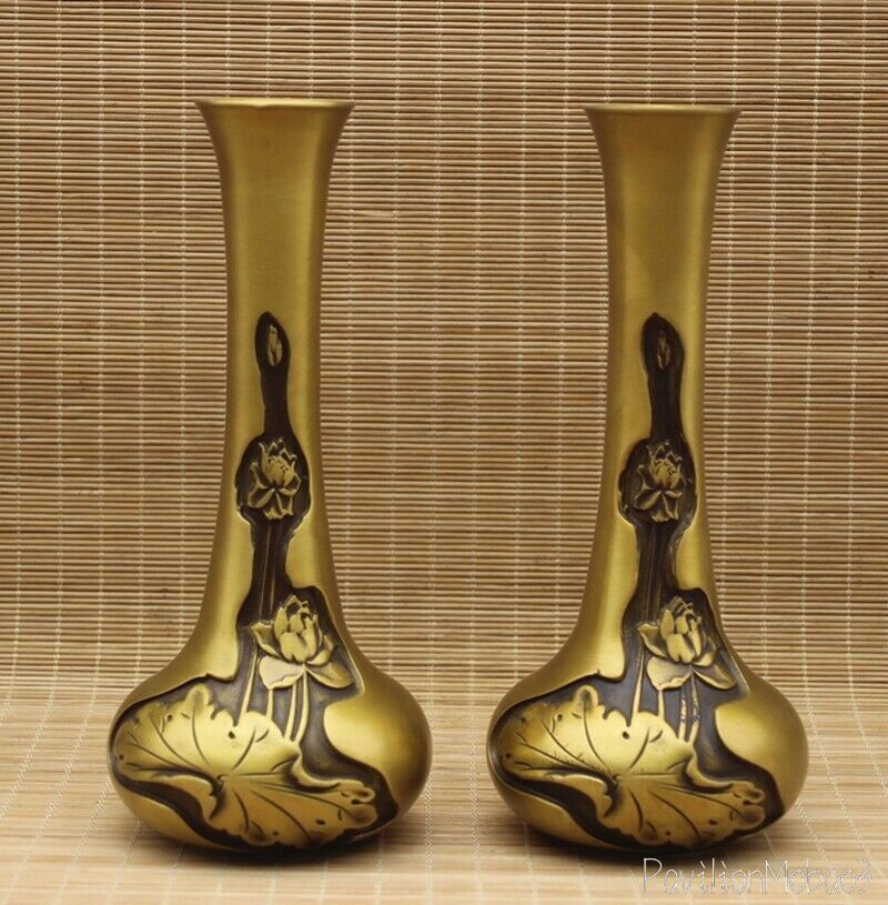 Pair Brass Vase Lotus Carved Decor Flower Holder Craft Buddhism