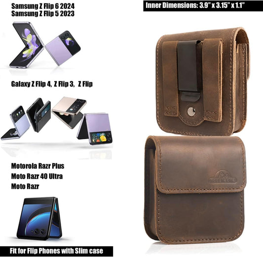 Leather Phone Holster for Samsung Galaxy Z Flip 6/5/4/3, Belt Clip Cell Phone Ca