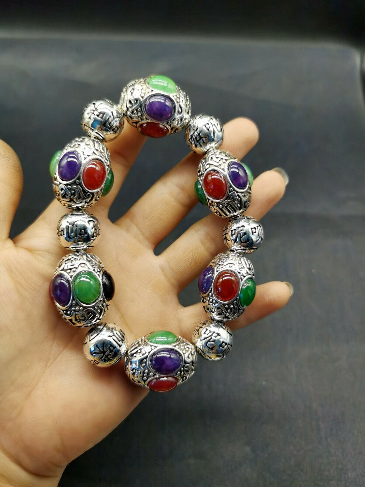 Old Tibet silver carving flower inlaid red green black jade silver bracelet