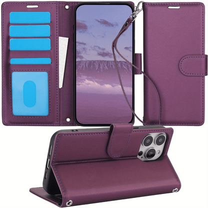 For iPhone 16/15/14/13/12/11 Pro Max Case Card Holder Wrist Strap Wallet Cover