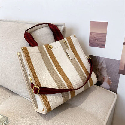 Canvas Tote Bag Women Handbag Stripe Shoulder Bags Big Shopper Totes
