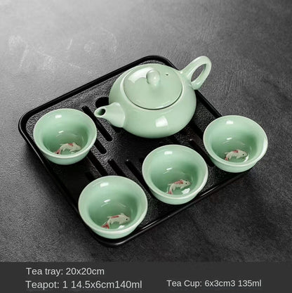 New Set Chinese Celadon Porcelain Teapot With Fish Tea Cup