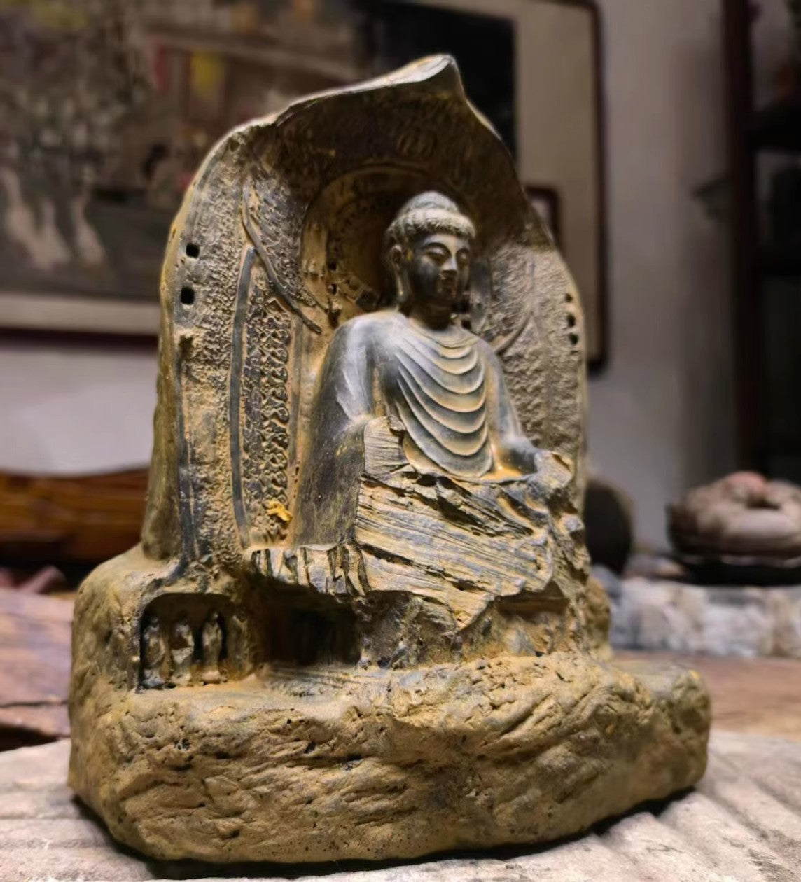 7.1" Old Stone Vairocana Buddha Statue Zen Religious Belief Shrine Home Decor