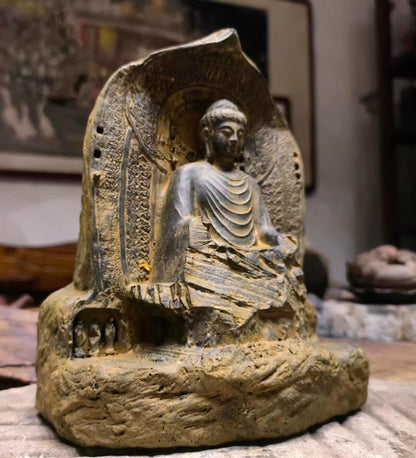 7.1" Old Stone Vairocana Buddha Statue Zen Religious Belief Shrine Home Decor