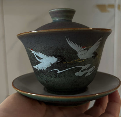 Kiln Changed Crane Pattern Gaiwan 11.8x9.5cm 200ml Ceramic Tea Cup Set