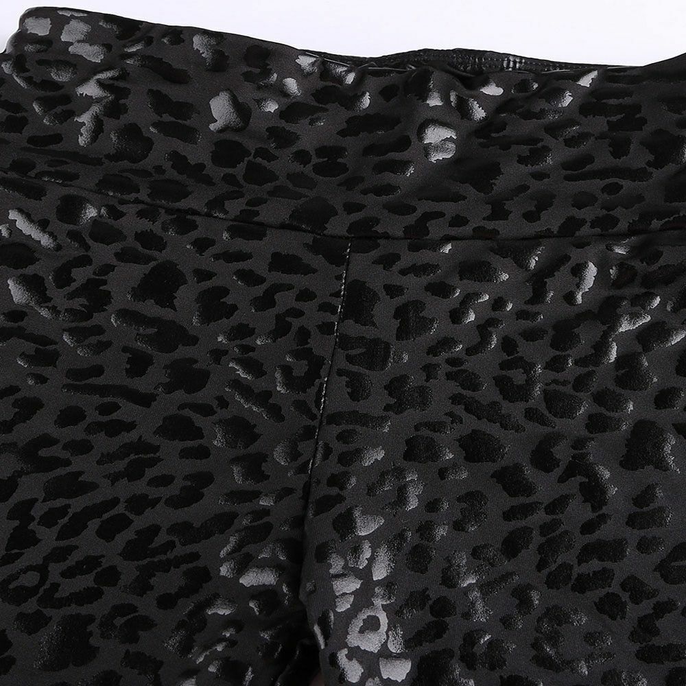 Women Leggings High Waist Black Leopard Textured Stretchy Faux Leather Pants S M