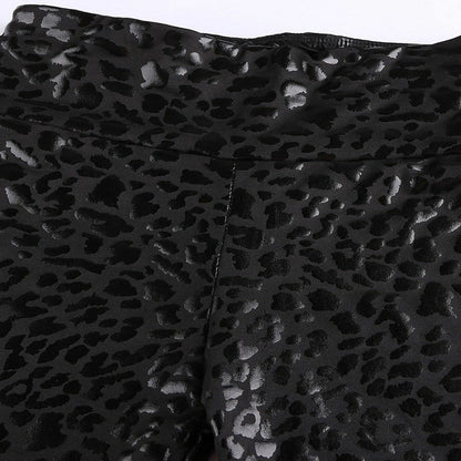 Women Leggings High Waist Black Leopard Textured Stretchy Faux Leather Pants S M