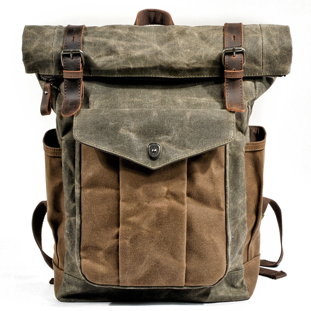 Water Resisant Vintage Waxed Canvas Backpack Fold-Over Satchel Laptop Bag Travel