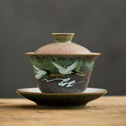 140ml Ceramic Retro Gaiwan Tea Bowl Crane Pattern Tureen Kung Fu Tea Ceremony