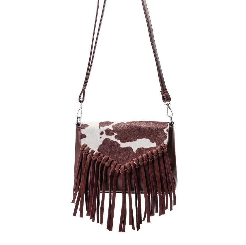 Celela Fashion Women Hair-on Cow Pattern Fringe Crossbody Bag Handbag Purse