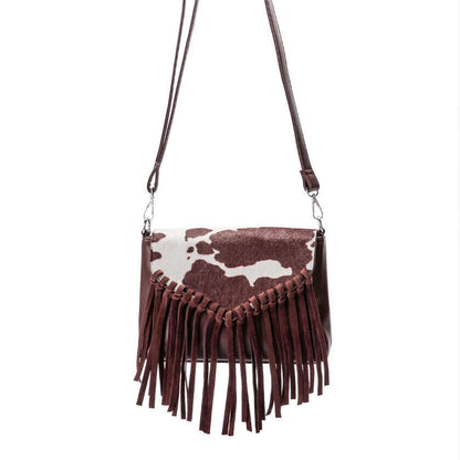 Celela Fashion Women Hair-on Cow Pattern Fringe Crossbody Bag Handbag Purse