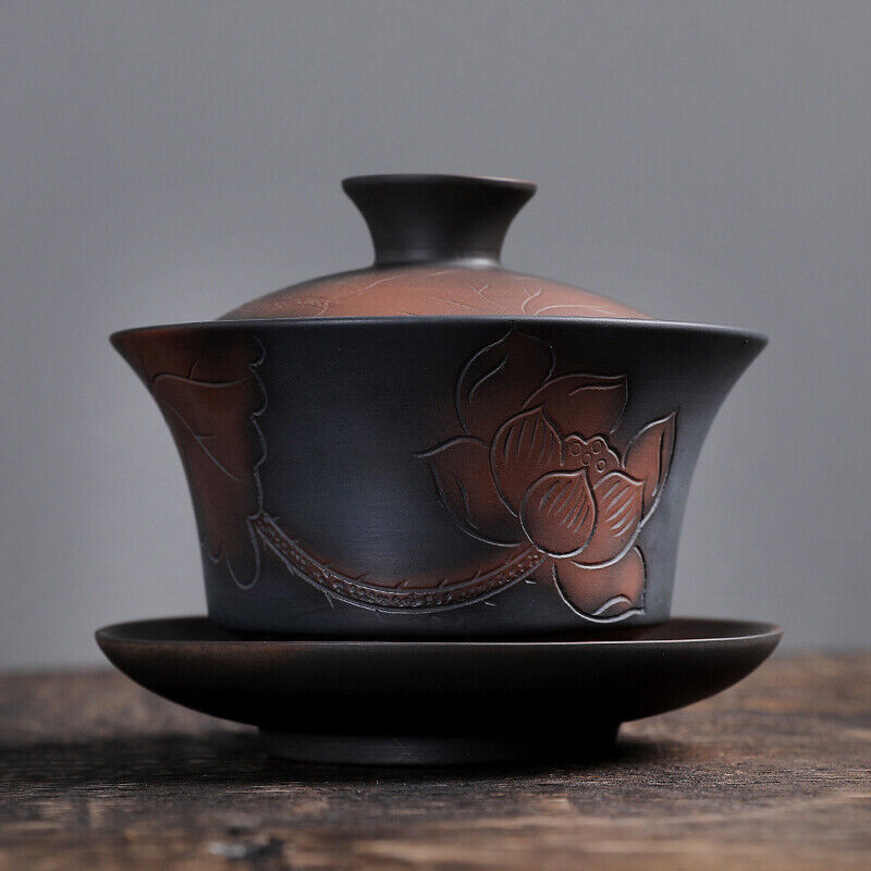 6.8oz Ceramic Pottery Gaiwan Lotus Flower Carved Tureen Covered Bowl Saucer Lid