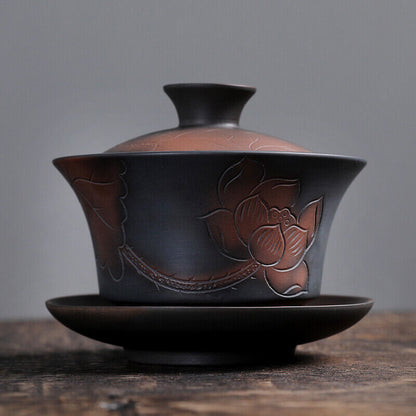 6.8oz Ceramic Pottery Gaiwan Lotus Flower Carved Tureen Covered Bowl Saucer Lid