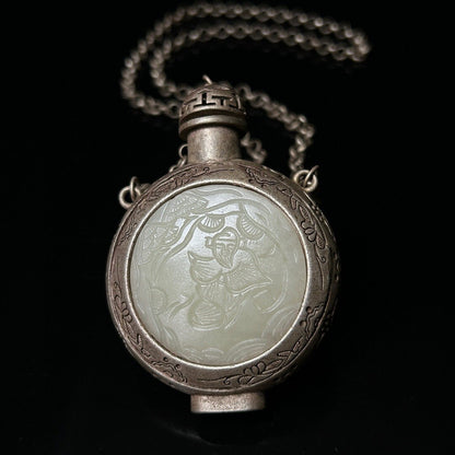 China Tibetan Silver Inlay Jade People Snuff Bottle Sachet Amulet Necklace