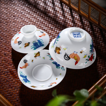 Chinese Doucai Porcelain Ming Chenghua Chicken Design Covered Cup Teacup