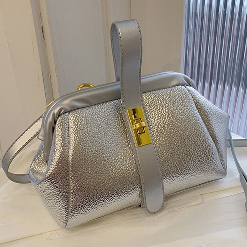 Synthetic Leather Small Shoulder Clip Bag Silver Shell Gold Pink Blue 20*15*10CM