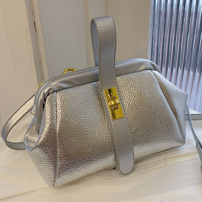 Synthetic Leather Small Shoulder Clip Bag Silver Shell Gold Pink Blue 20*15*10CM