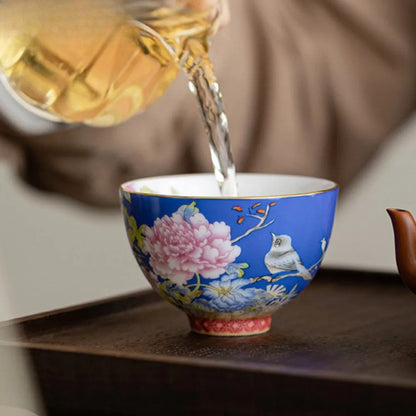 65ml Chinese Enamel Tea Cup Ceramic Peony Master Cup Tea Set Small Tea Bowl