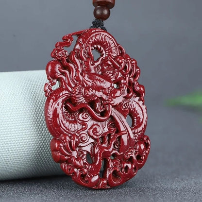 Cinnabar engraved dragon pendant necklace jewelry Chinese handmade engraving -