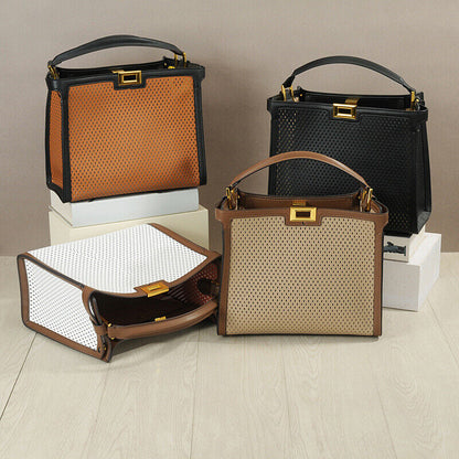 Trapezoid Perforated Real Leather Shoulder Bag Tote Handbag Purse Briefcase