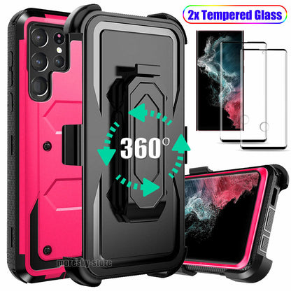 Case For Galaxy S22 5G Ultra + Clip Belt Stand Cover / Tempered Glass Protector