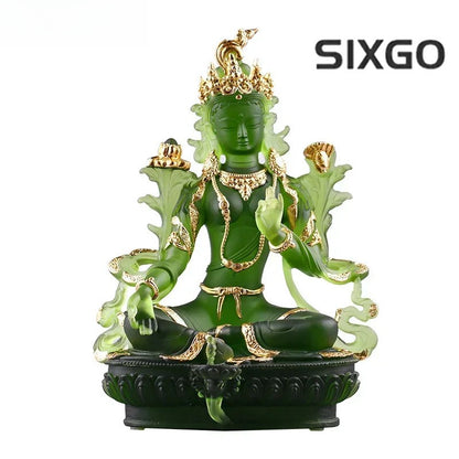 12.8cm Glass Green Tara Buddha Statue Chinese Zen Temple Feng Shui Ornament