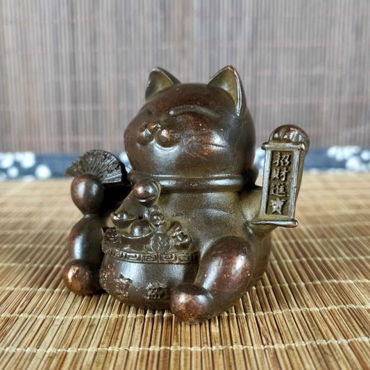 Copper Lucky Cat Figurines Mini Desktop Statue Tea Pet Feng Shui Decoration