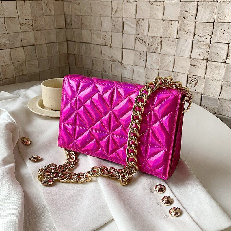 Metal Chain Shoulder Bag Handbag Purse Shiny Leather Small Fashion 22*14*7 CM