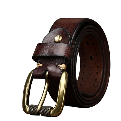 Men's Vintage Hollow Leather Belt Solid Brass Buckle Waistbands for Pants Brown