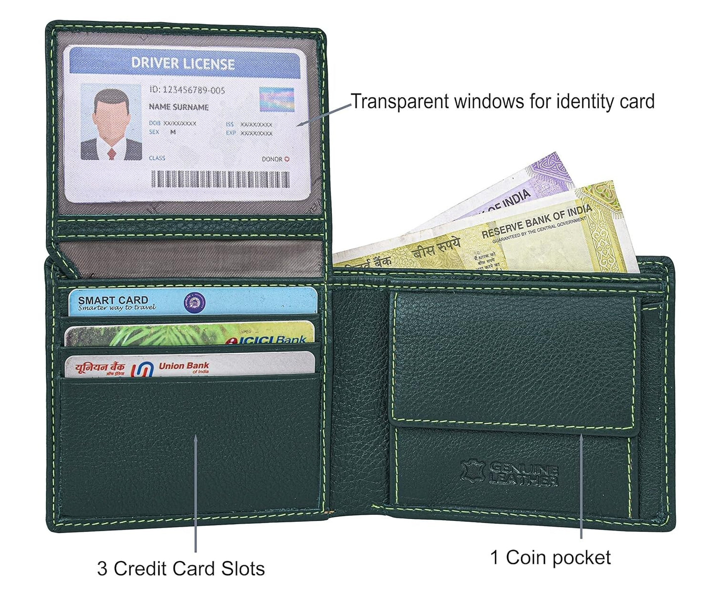 New Green Bi-Fold Leather Men's Wallet RFID Protection Gift Item