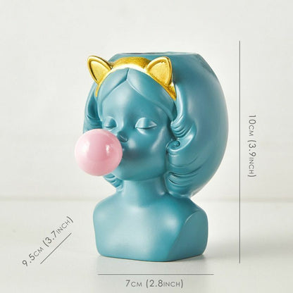 Resin Vase Cute Girl Bubble Gum Figurine Decorative Plant Flower Pot Modern Home