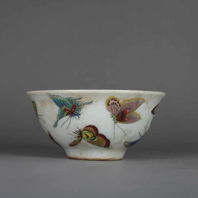 Chinese Famille Rose Porcelain Qing Tongzhi Butterfly Design Teacup Cup 3.5 inch