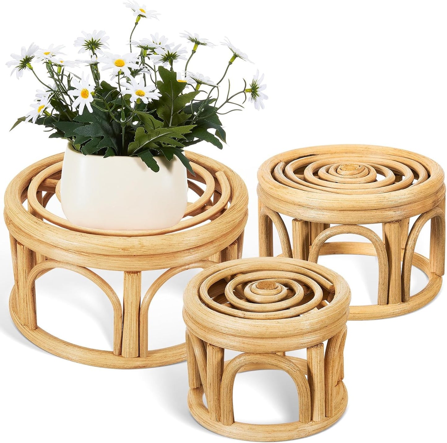 Woven Rattan Plant Stand Wicker Riser Stand Indoor Outdoor Home Decor Set of 3