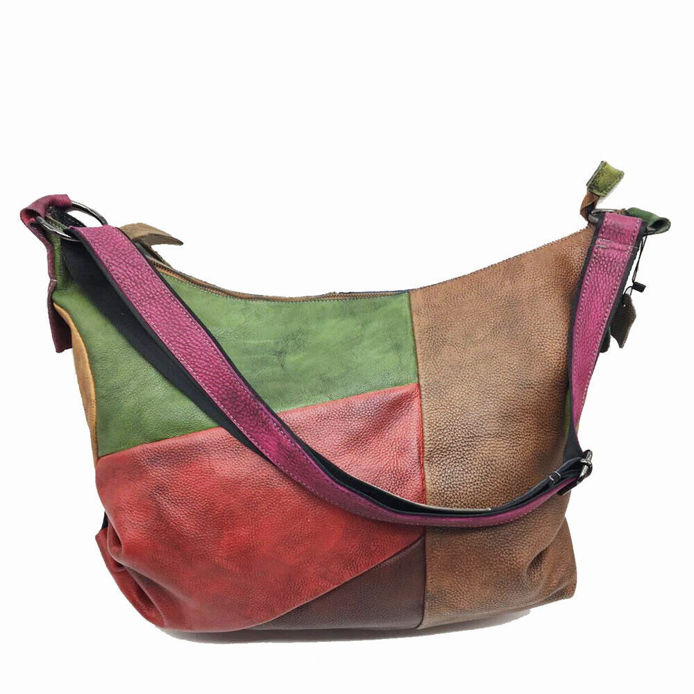 Vintage Patch Ruched Brushed Real Leather Hobo Shoulder Bag Crossbody Purse
