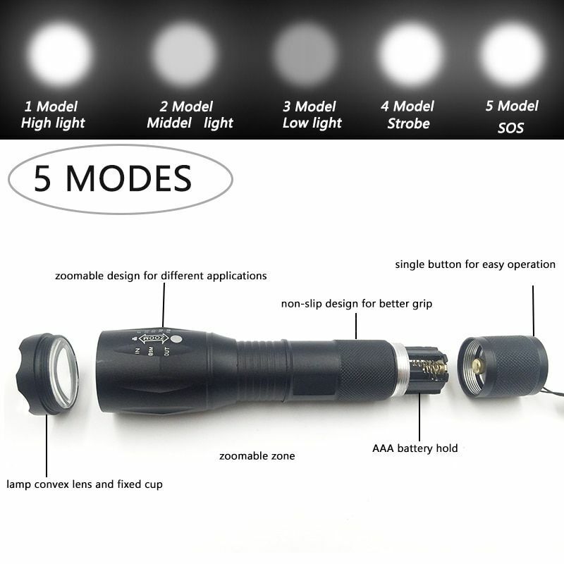 LED Flashlight Ultra Bright Waterproof MINI Torch T6/L2/V6 Zoomable Modes 18650