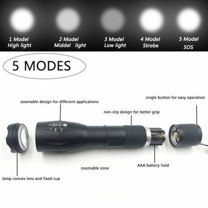 LED Flashlight Ultra Bright Waterproof MINI Torch T6/L2/V6 Zoomable Modes 18650