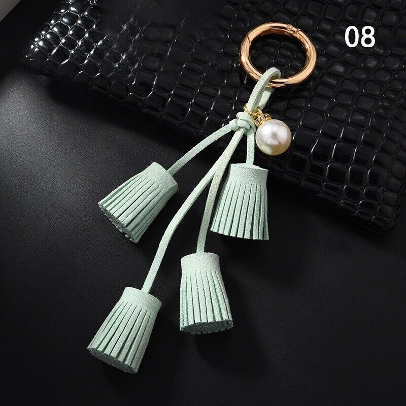 Women Leather Tassel Key Chain Charm Purse Key Fob Ring Handbag Pendant Ornament