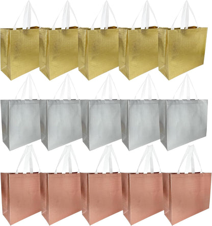 Reusable Gift Bags 15 PACK Grocery Bag Shopping Inches, Rose gold/Gold/Silver