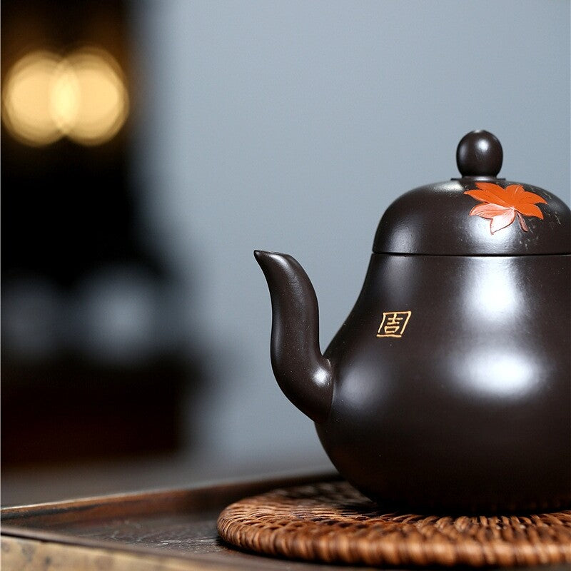 Handmade Tea Pot 9 Infuser Holes Real Yixing Zisha Black Clay Maple Leaf Relief