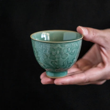 Celadon Relief Lotus Teacup Ancient Tea Bowl Jug Tea-tasting Meditation Cup
