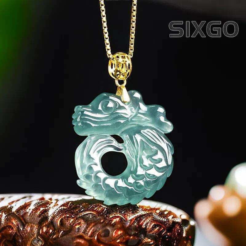 Real Burmese Jade Blue Myanmar Jadeite Dragon Pendant Necklace Natural Jewelry