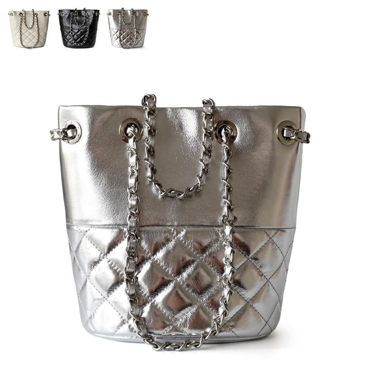 Small Mini Quilted Real Leather Bucket Tote Shoulder Bag Purse Clutch w/ Chain