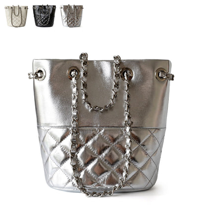 Small Mini Quilted Real Leather Bucket Tote Shoulder Bag Purse Clutch w/ Chain