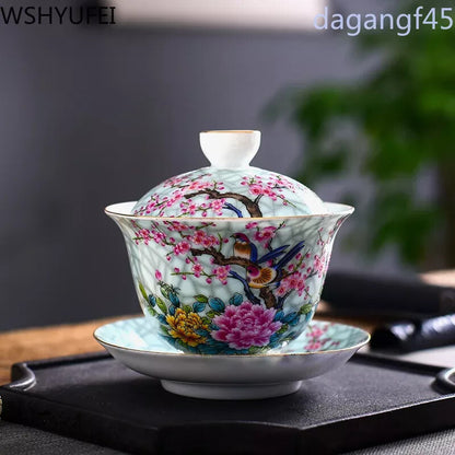 180ml Jingdezhen Porcelain Art Bird Gaiwan Ceramic Flower Tea Bowl with Saucer