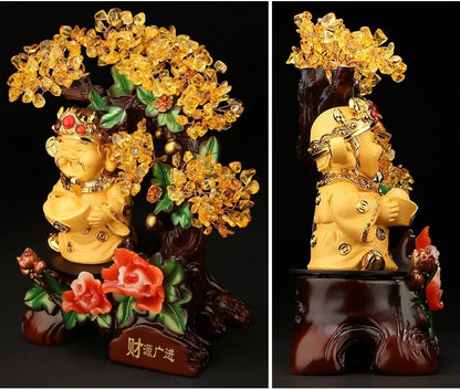 9" Yellow Crystal Chinese Money Tree Wealth God Bonsai Statue Feng Shui Decor
