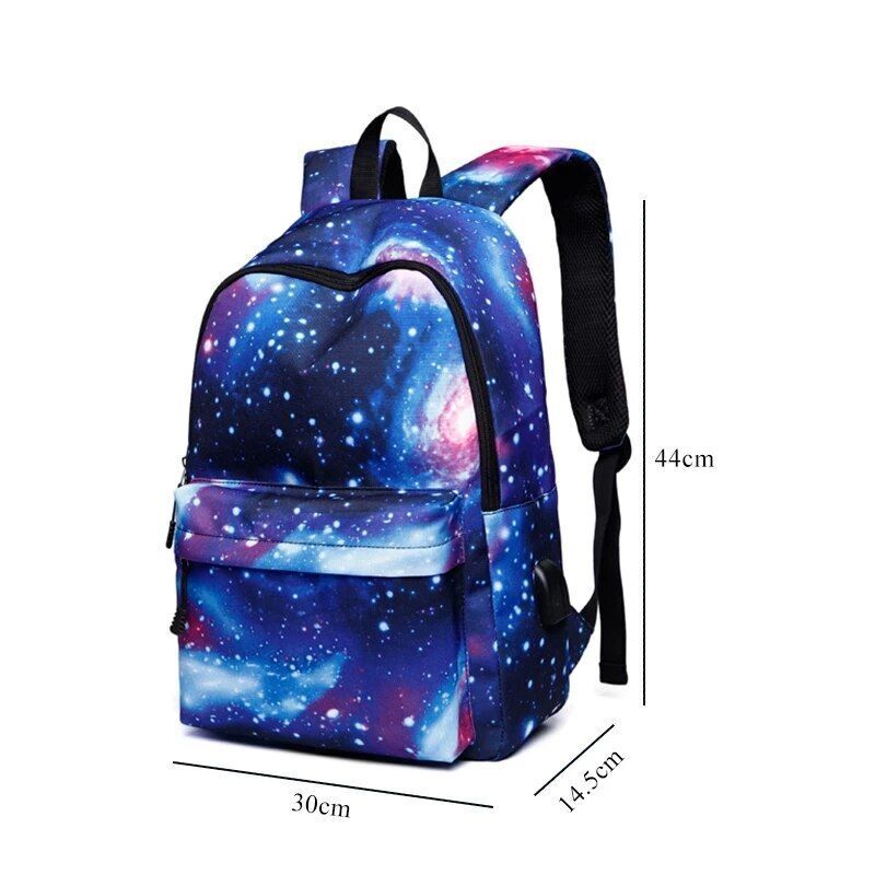 Colorful Space Print Backpack Rechargeable School Bag Traveling Polyester Canvas