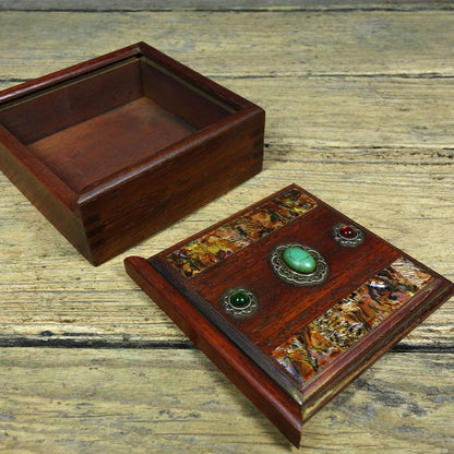 Vintage Rosewood Pull-Out Box, Inlaid Abalone & Gemstones, 12cm